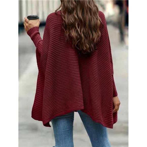 NEW - Turtleneck Batwing Sleeve Poncho,Long Sleeve Tops Knit Pullover Fall - Picture 2 of 8